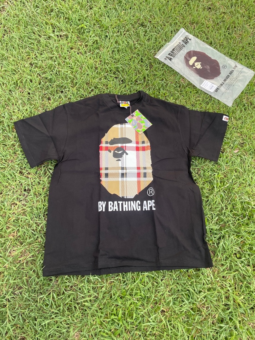 Bape Black Tee with Plaid Ape Head Graphic